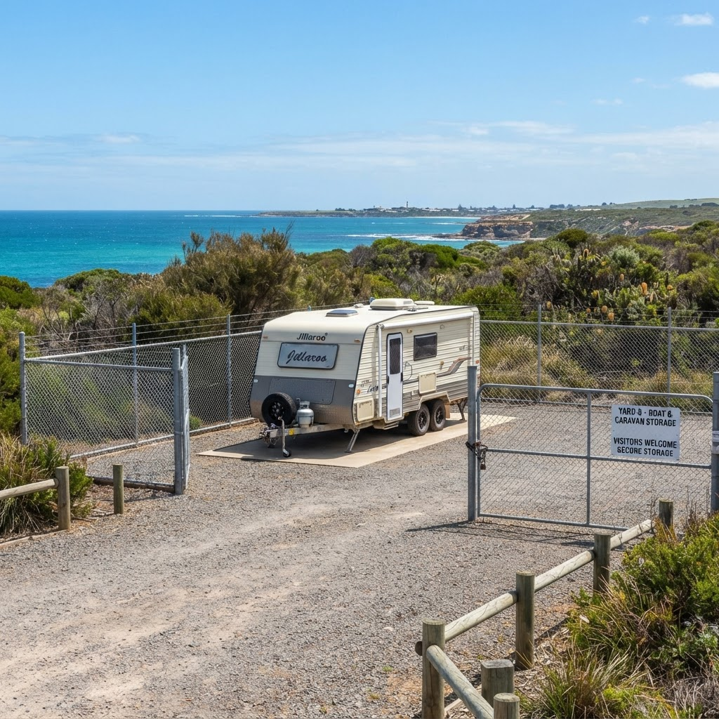 A caravan safely stored near an Australian coastal town